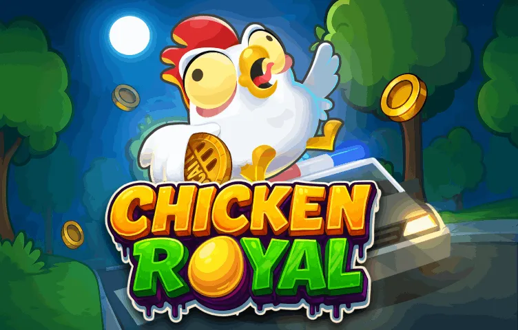 Cartoon chicken running away from a police car while holding a golden coin, designed in slot game style