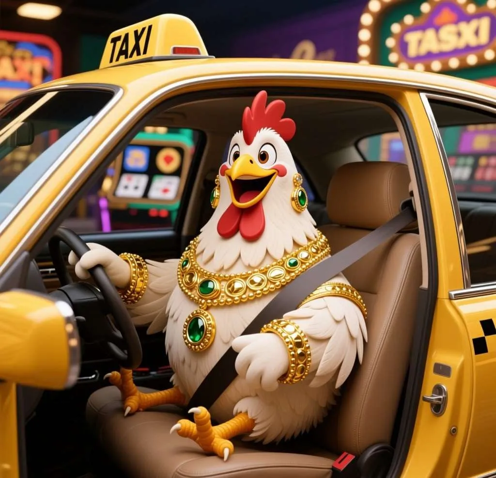 Wealthy cartoon chicken wearing gold jewelry, riding in a taxi car, cheerful casino style