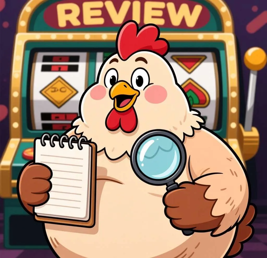 Cartoon chicken holding a notepad and magnifying glass, styled like a casino slot review illustration