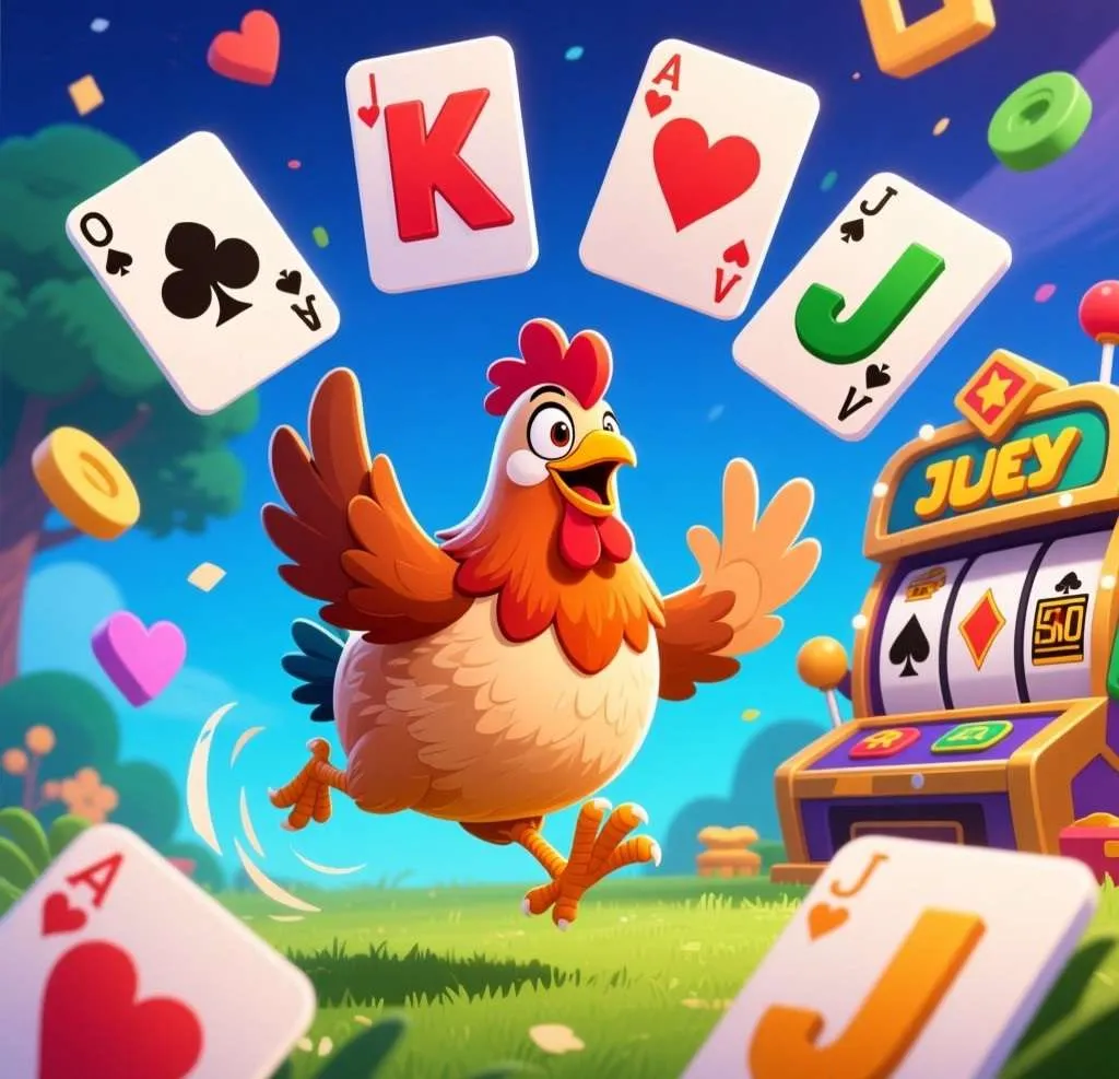 Cartoon chicken dodging falling A K Q J letters, slot strategy theme in vibrant game style